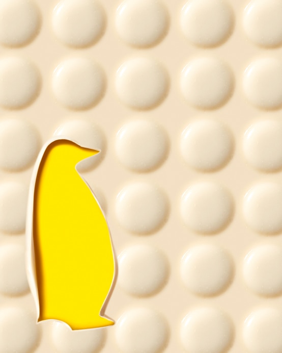 Artful penguin design in Ceramidin Cream texture with lego-like building blocks